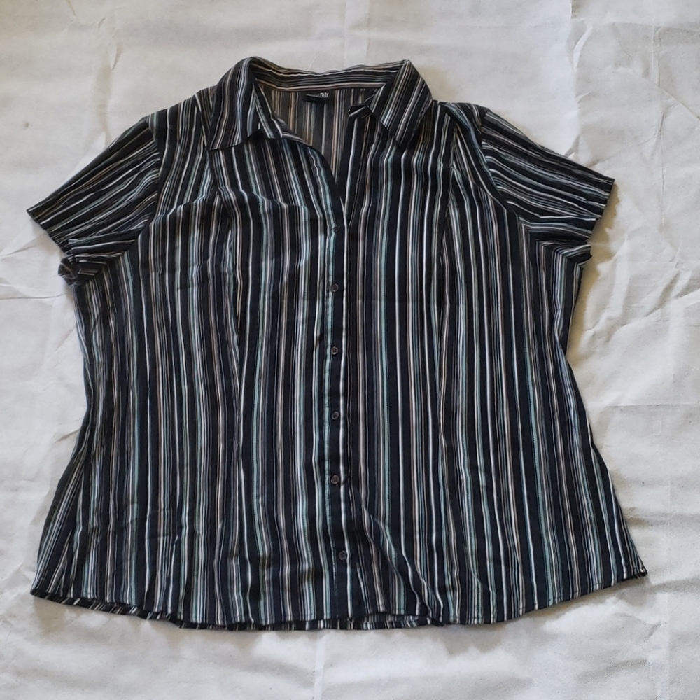 Navy, teal, white Striped Button Down Top